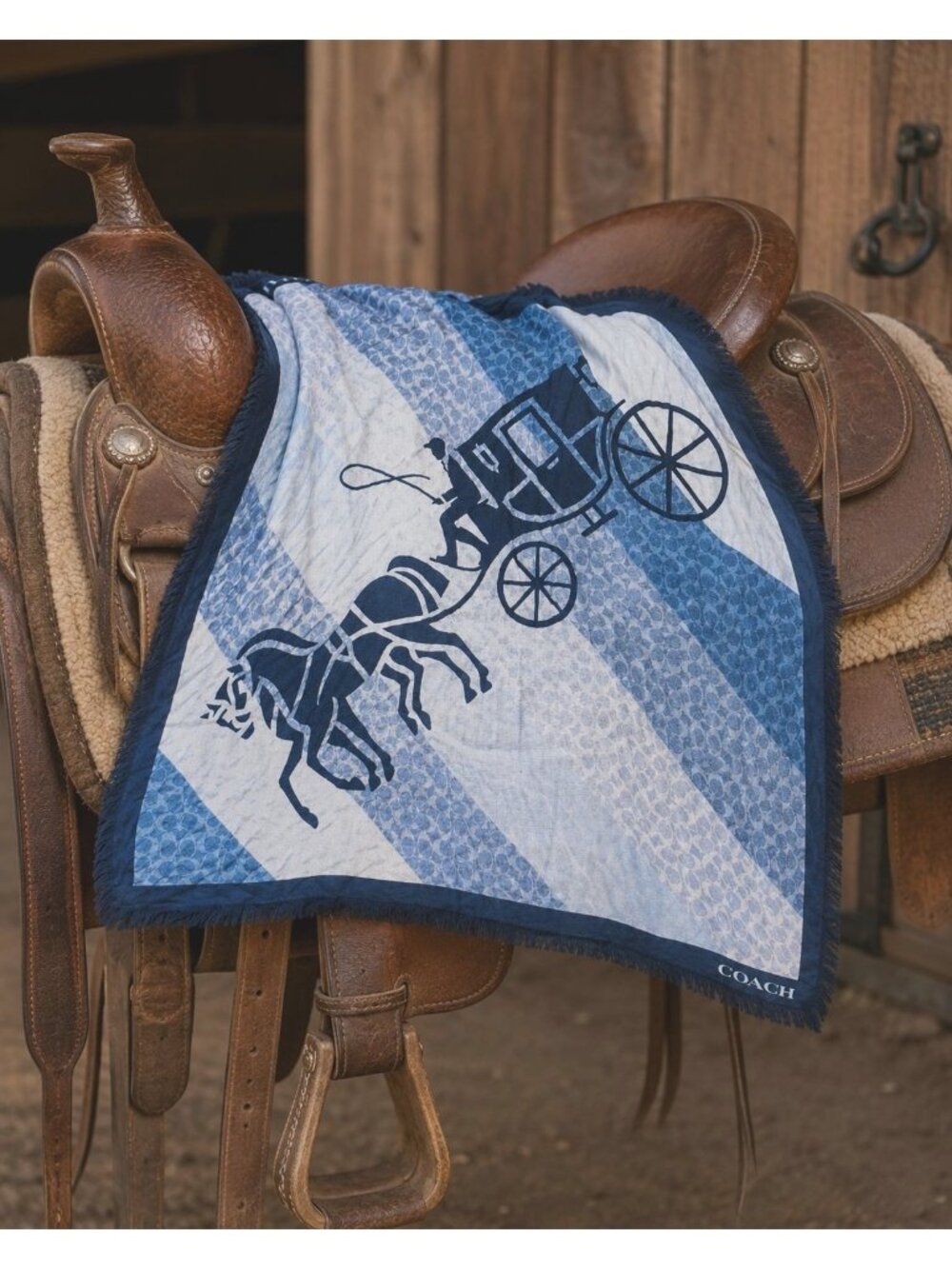 Coach Women’s Signature C 42x42” Neck Wrap Scarf Blue Horse Carriage Modal Blue